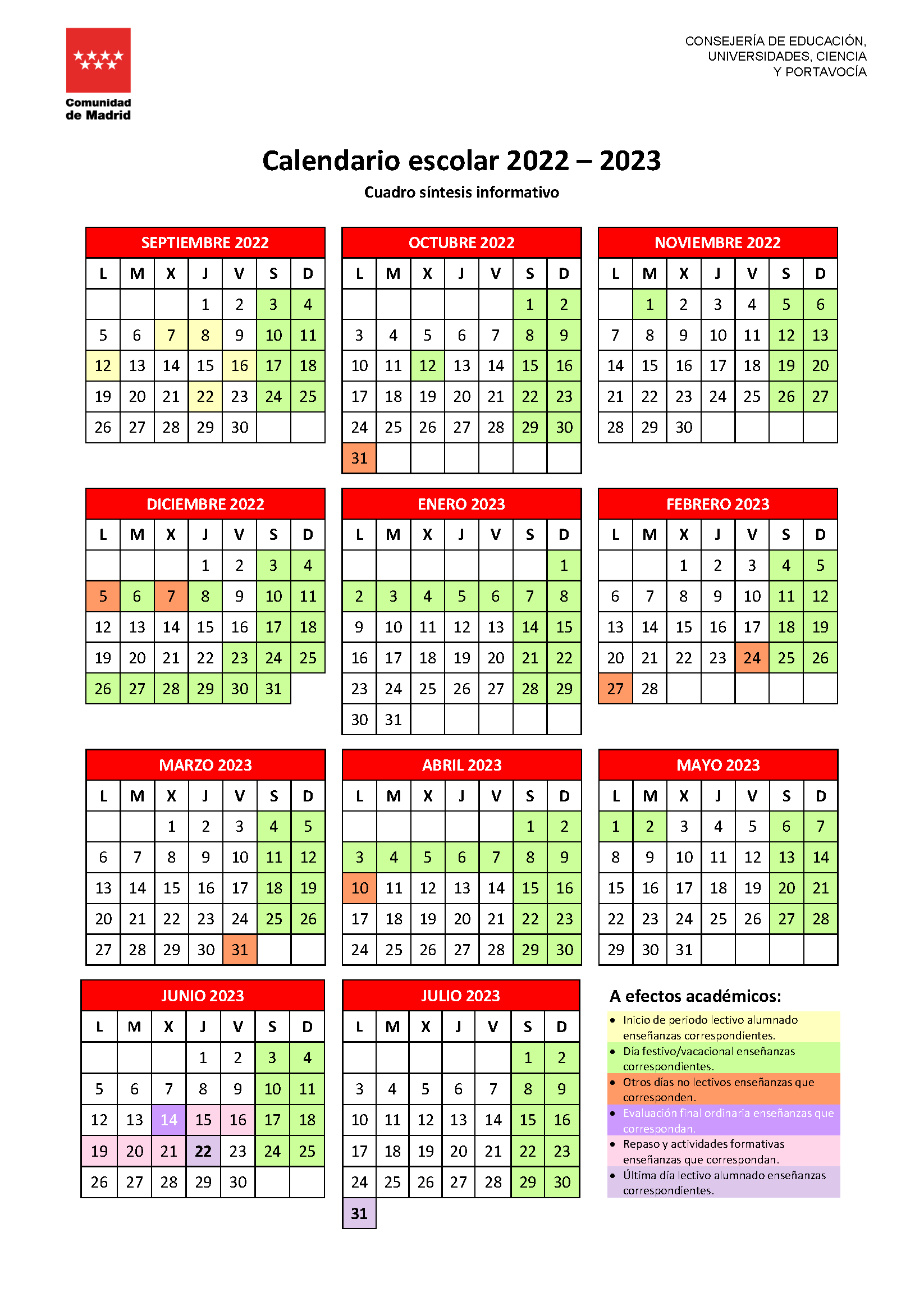 Calendario escolar del curso 2022-23
